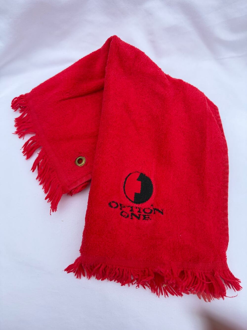 Vintage Option One Mortgage Corporate Golf Towel Red Fringed Caddie Grommet